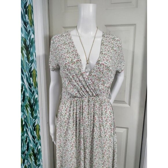 Made In Italy Short Sleeve Floral Print V Neck Maxi Dress White Pink Women's L - Picture 5 of 13